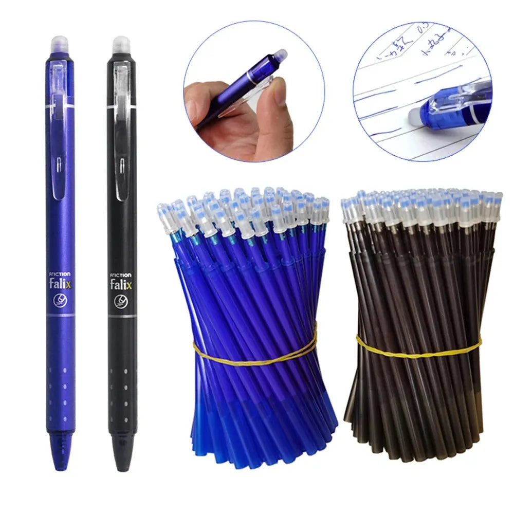 Hot erasable push gel pen with 0.5mm stainless steel nib and plastic shell in blue or black refill options