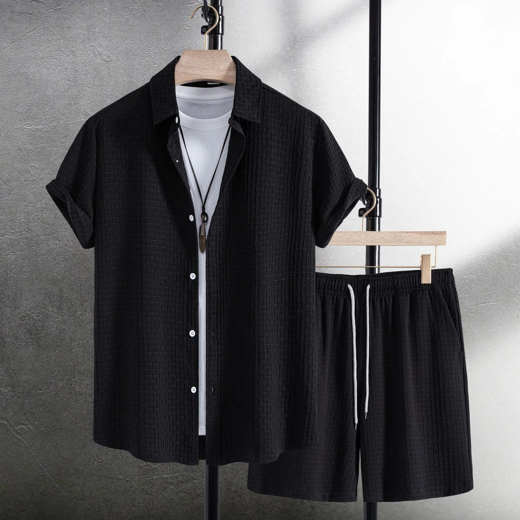 Men's black cotton blend short sleeve shirt and shorts summer suit on hanger