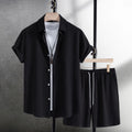 Men's black cotton blend short sleeve shirt and shorts summer suit on hanger