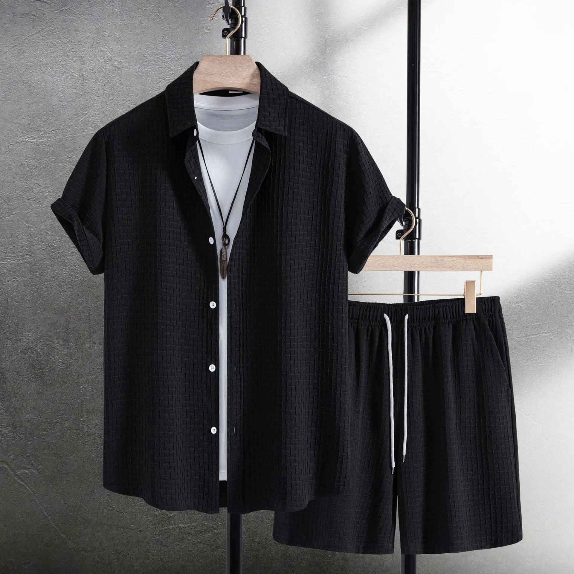 Men's black cotton blend short sleeve shirt and shorts summer suit on hanger
