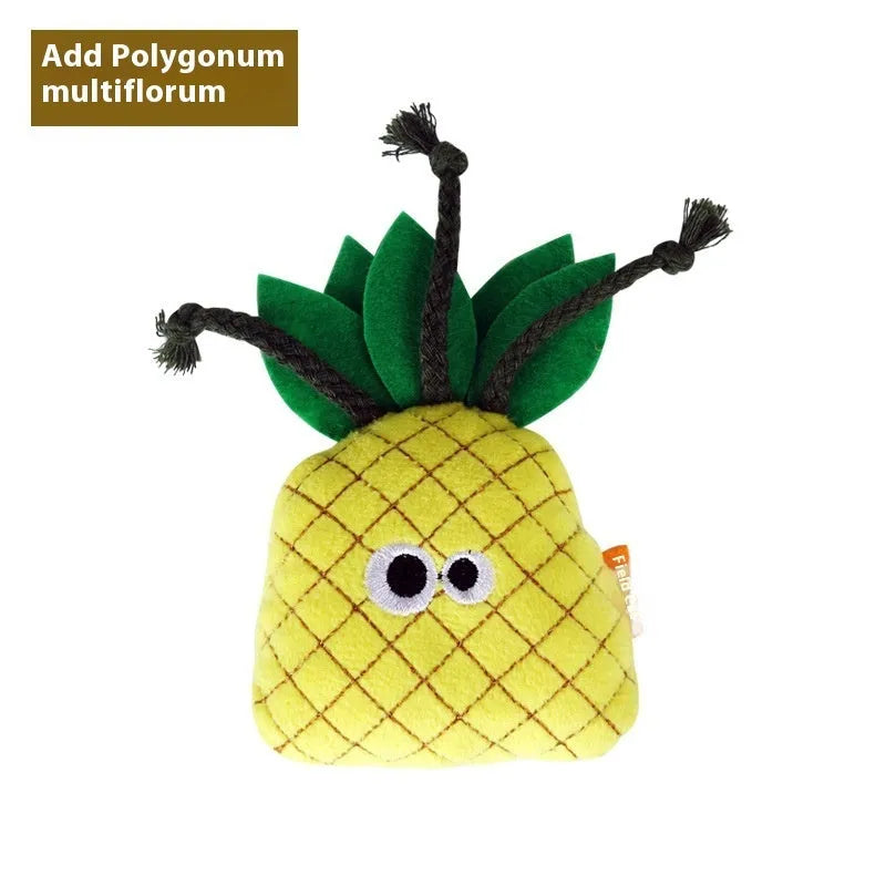 Set of six polygonum multiflorum catnip plush toys shaped like burrito, cone, cucumber, mushroom, pineapple, and pizza