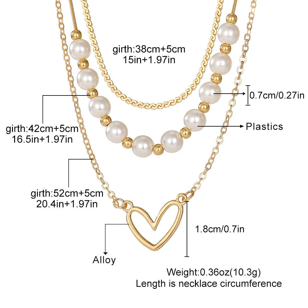 Vintage love heart pearl gold necklace with double-style design and adjustable chain
