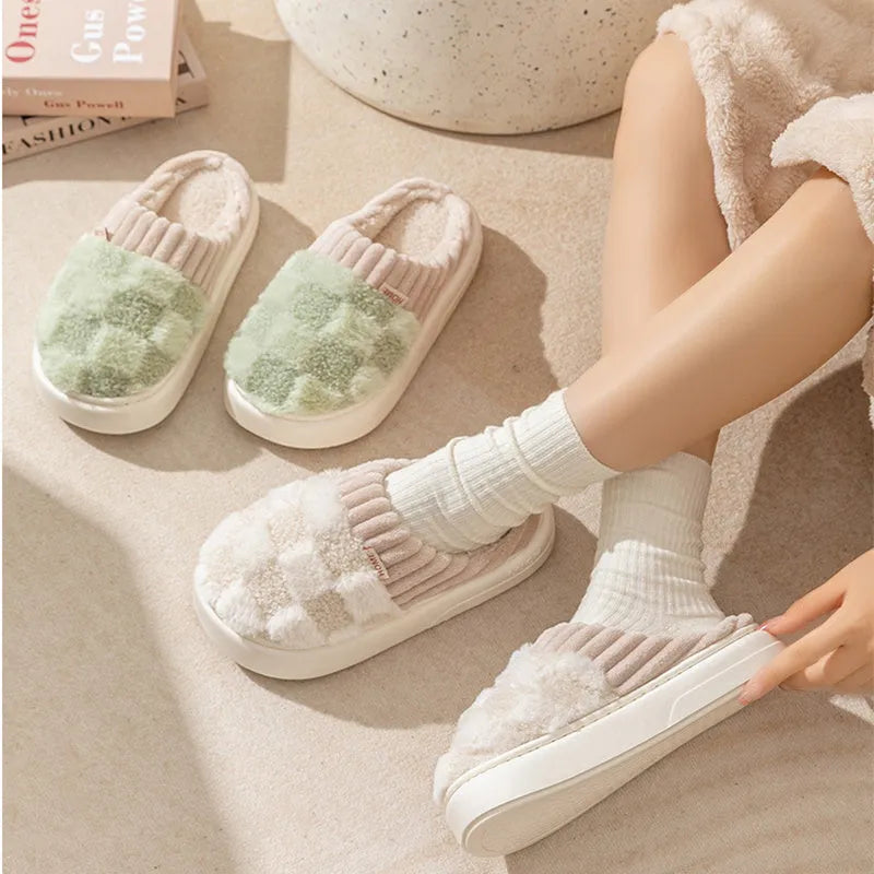 Women's plaid plush slippers in grey with a coral velvet upper and textured non-slip PVC sole.