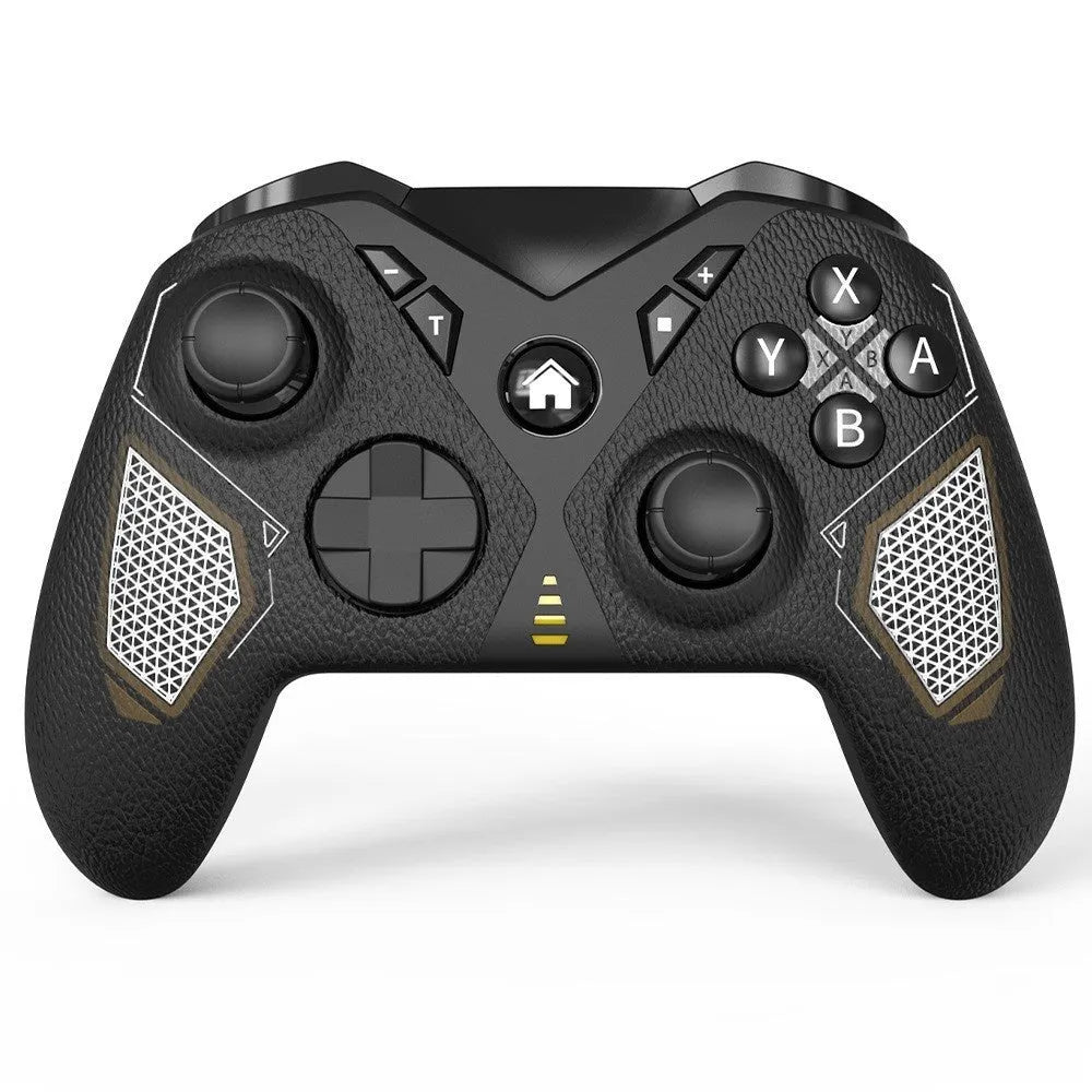 Black wireless game controller with textured grip for Nintendo, smartphone, and PC use