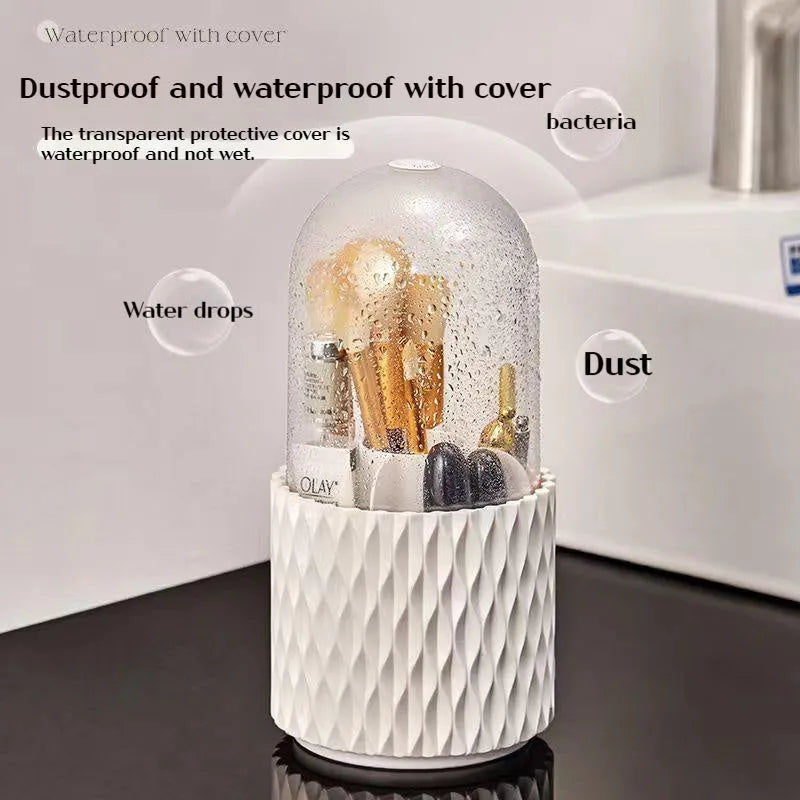 White acrylic makeup brush storage box with transparent dust cover and rotating design