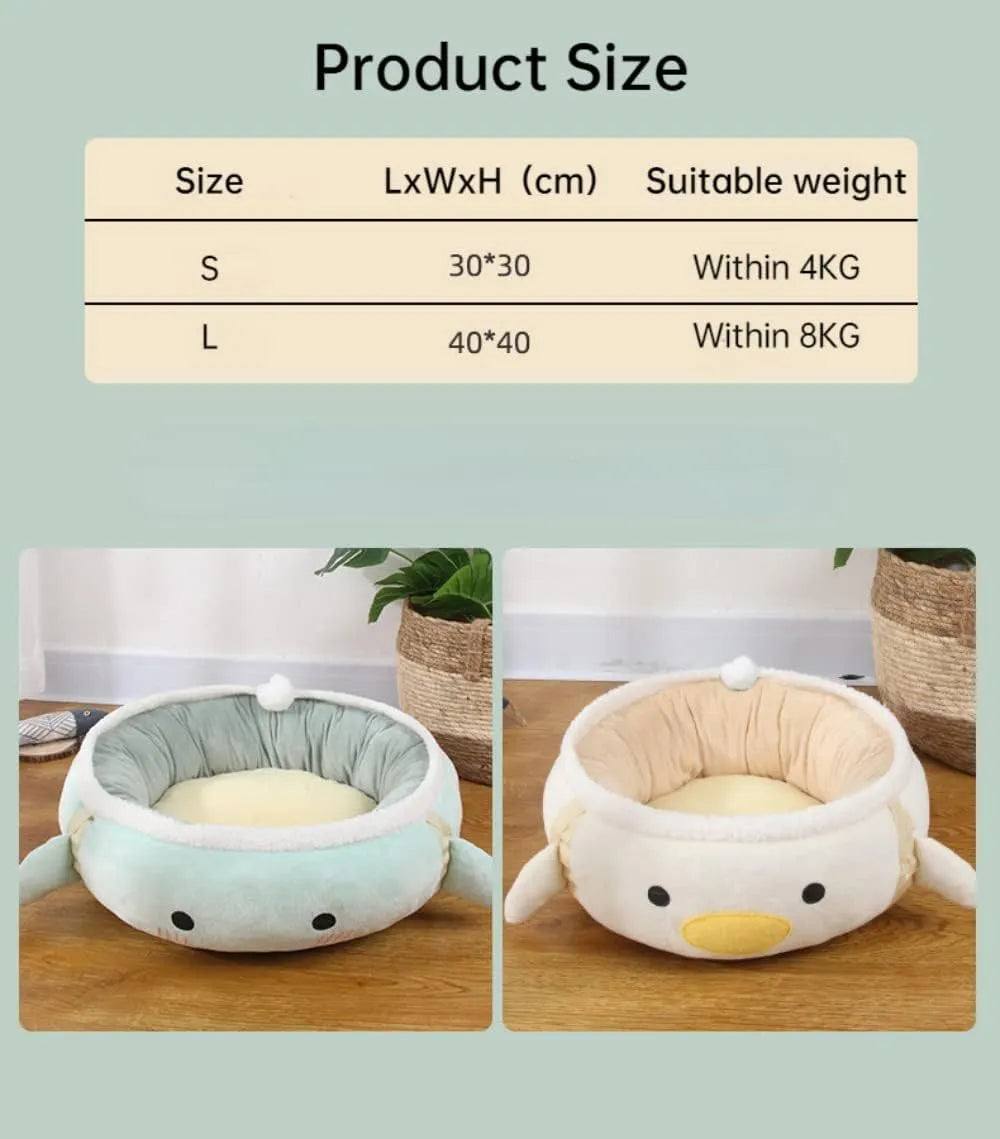 Green dinosaur and chick shaped cat bed shown both as a flat sofa and hanging as a hammock.