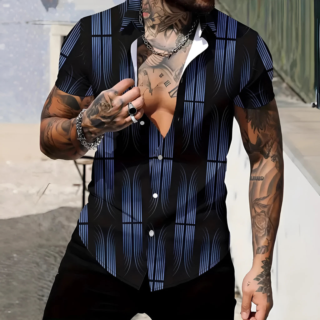 Men's geometric line pattern printed short sleeve shirt with lapel collar in slim fit style