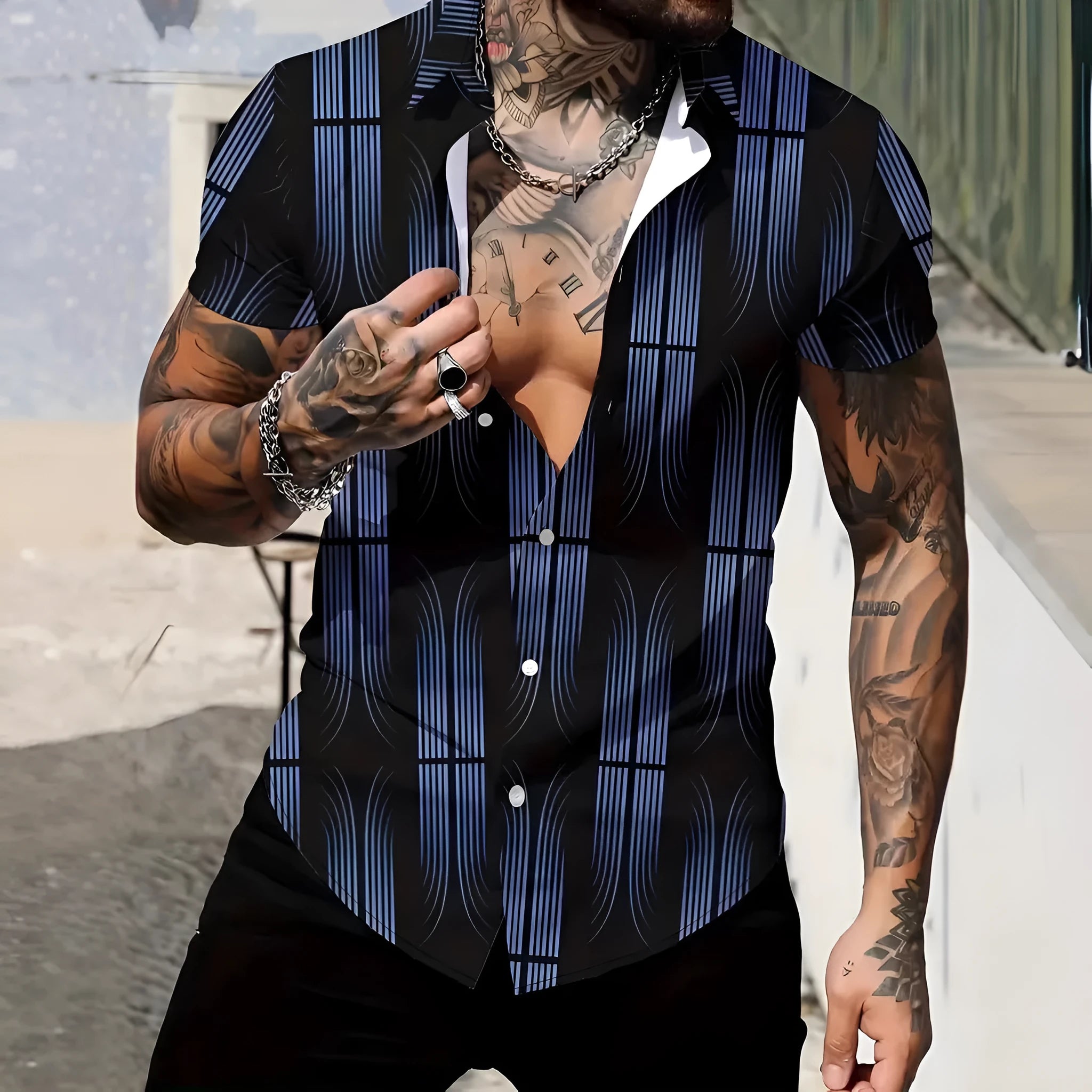 Men's geometric line pattern printed short sleeve shirt with lapel collar in slim fit style
