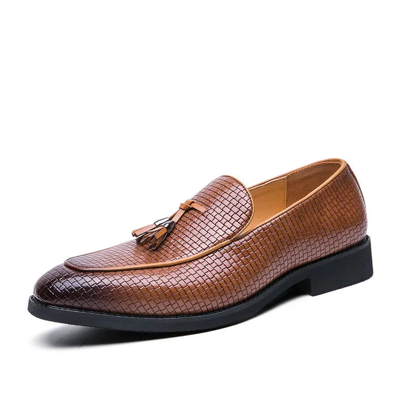 Men's black pointed toe slip on loafers with tassel detail on artificial PU leather upper