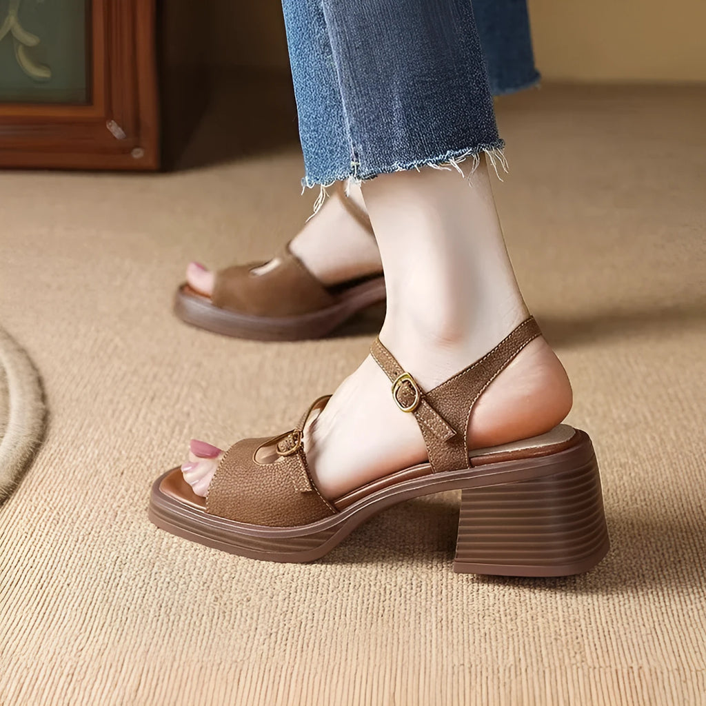 Open toe square toe platform sandals for women with PU upper and rubber sole in beige colour
