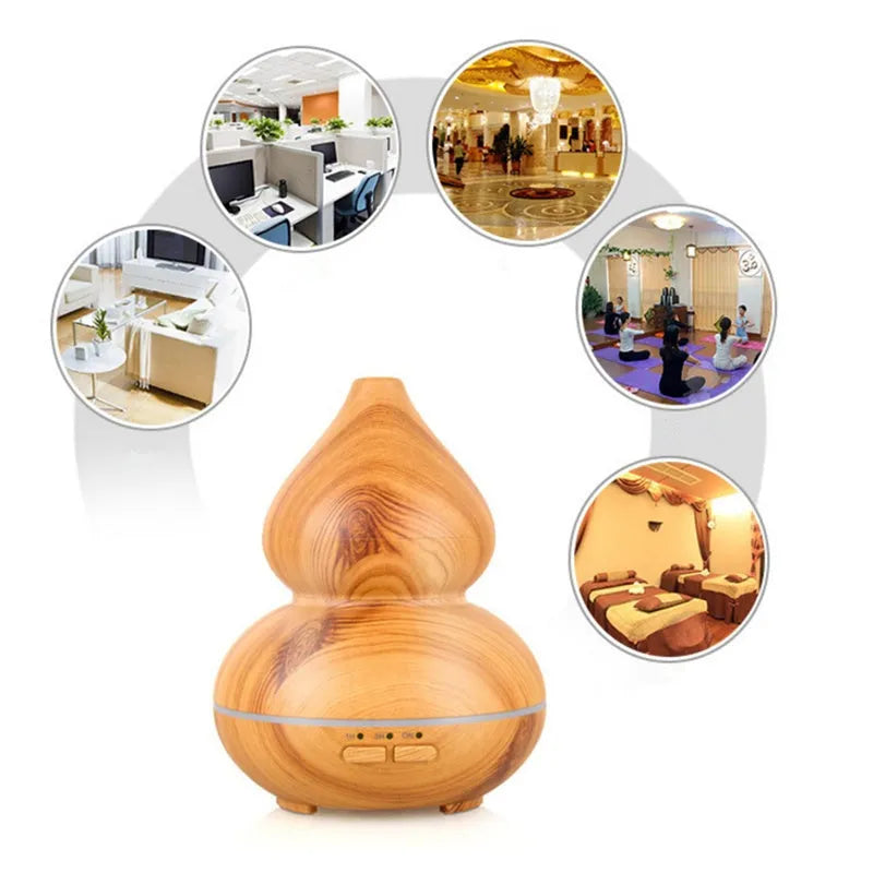 Ultrasonic aromatherapy humidifier 150ml wood grain perfume machine with dark wood finish on table