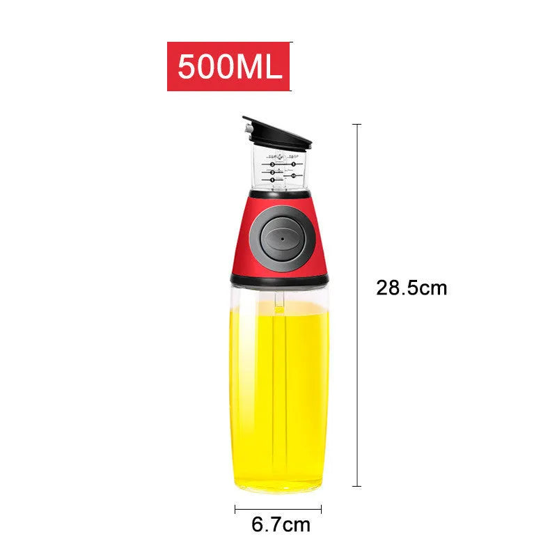 500ml high white glass measurable oil bottle with slim 8x28.5cm shape on kitchen countertop