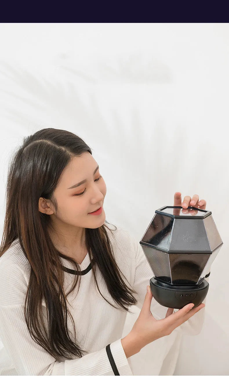 LED rotating star night light for children projecting coloured stars on a wall.