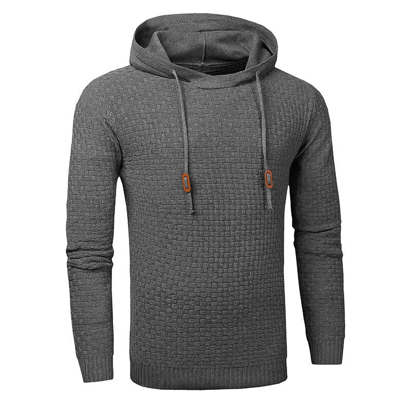 Men's black cotton polyester blend hooded sweater laid flat, showing the front design and hood.