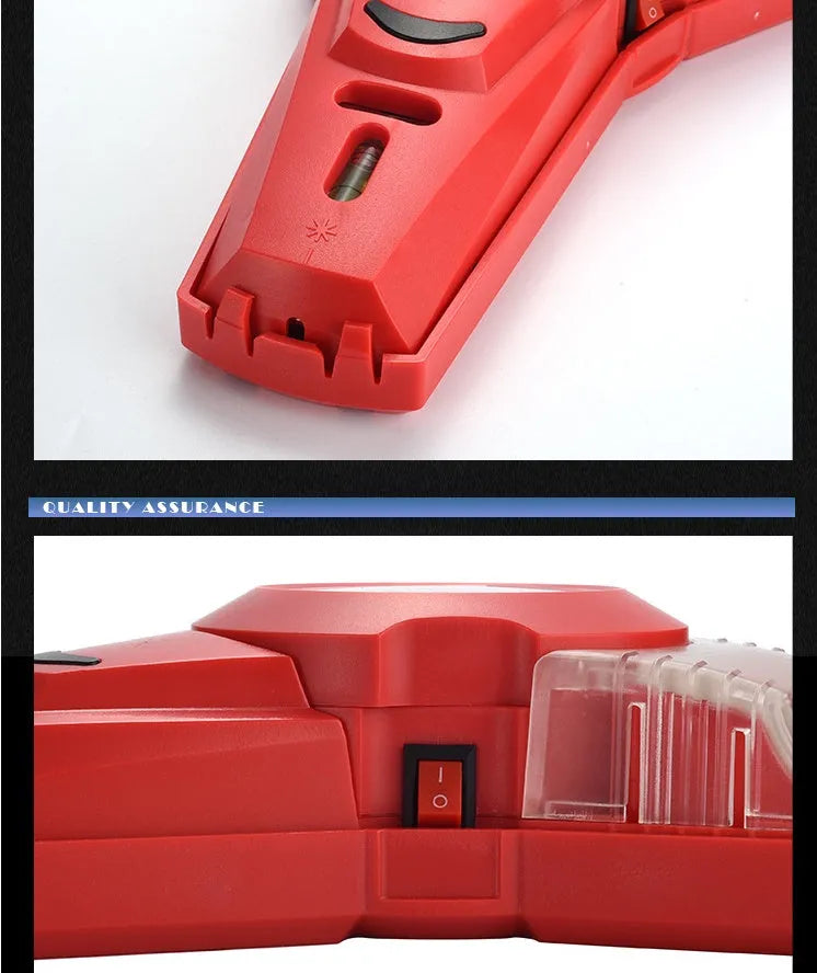 Red handheld portable woodworking laser level with punching positioning function on a workbench.