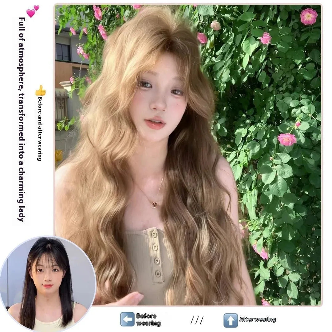 Linen brown medium long curly high temperature fibre synthetic wig with hair net