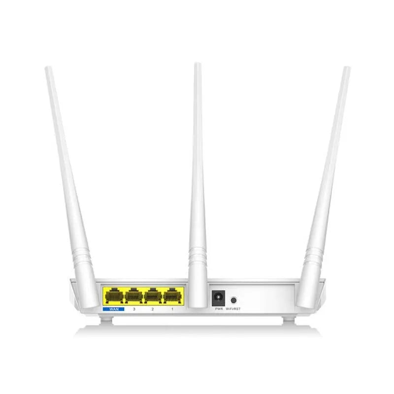 White dual-band wireless router for broadband internet connectivity.