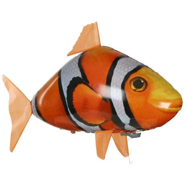 Large remote control shark inflatable balloon flying indoors with remote controller.