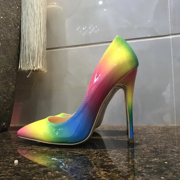 Rainbow patent leather women's ultra-high heel stilettos with pointed toe