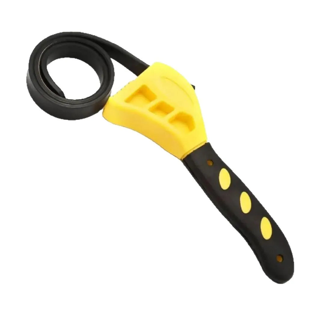 Two adjustable rubber strap wrenches, a 6-inch and an 8-inch model, with phosphated steel handles on a workbench.