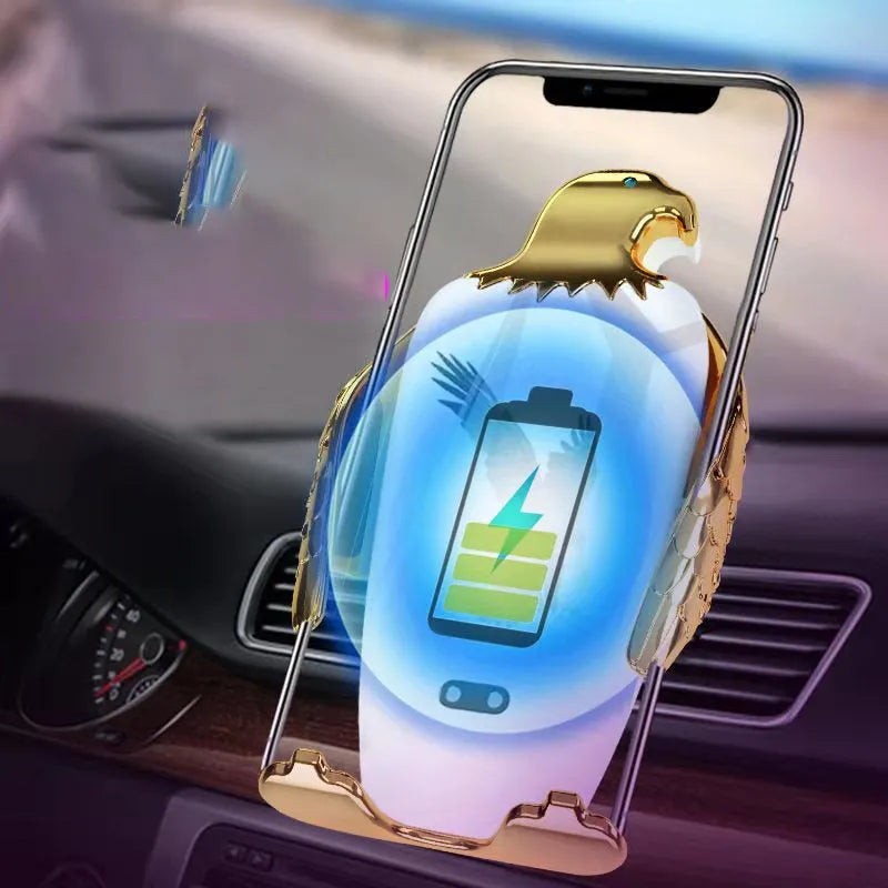 Car phone holder with wireless charging base and suction cup mount in black and gold colour with eagle design