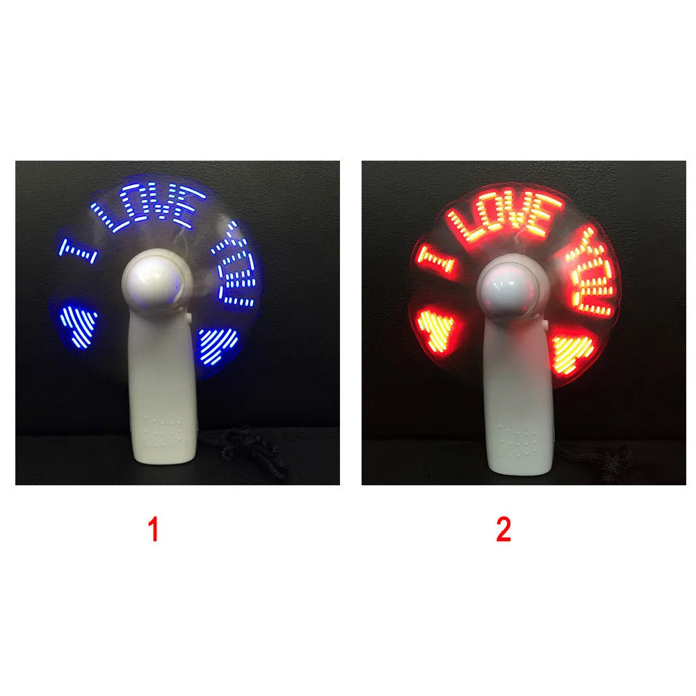 White handheld mini fan with flashing blue and red I love you LED display