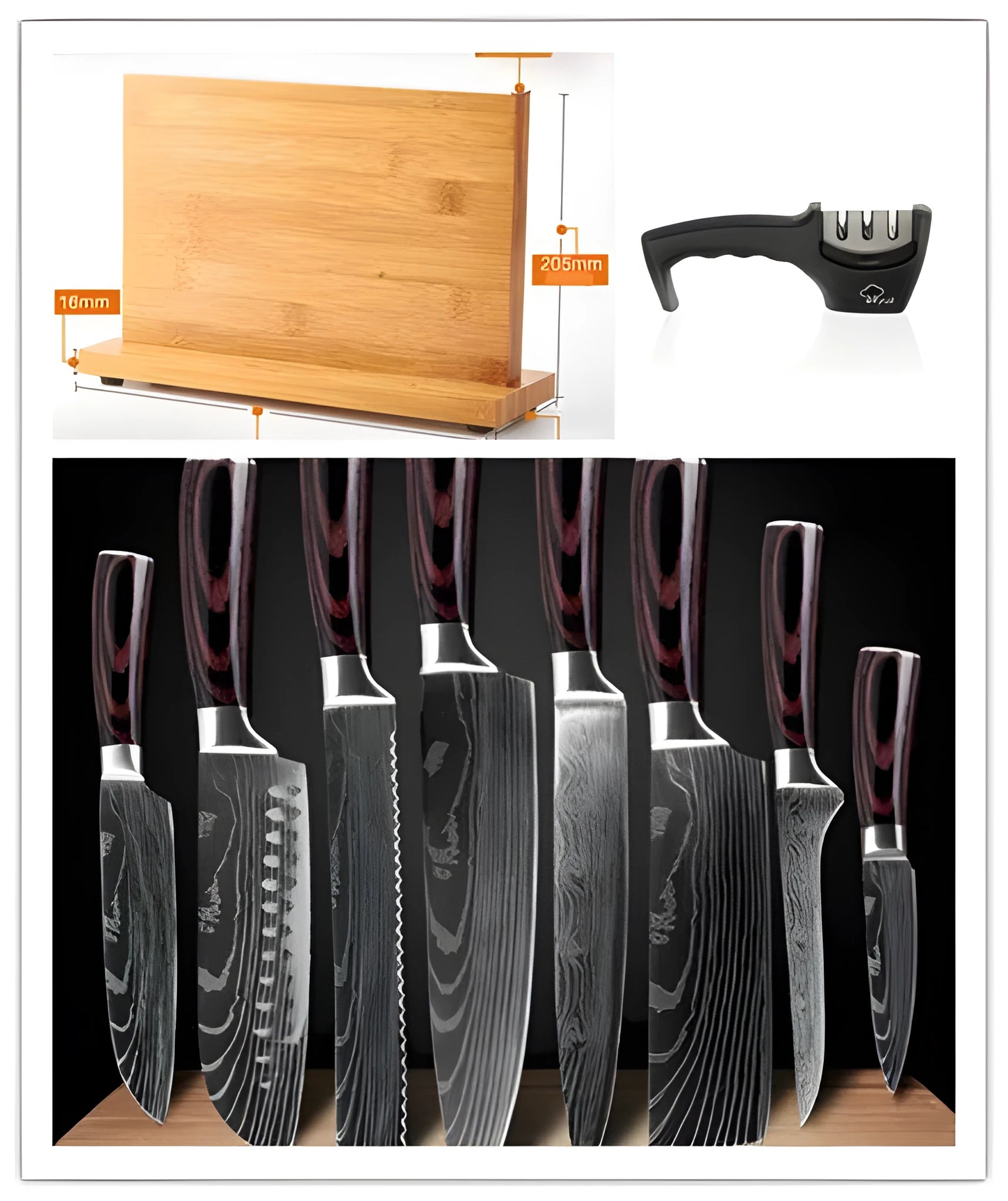 Eight-piece kitchen knife set with chef knife and specialty knives plus two additional standalone knives on a kitchen counter.