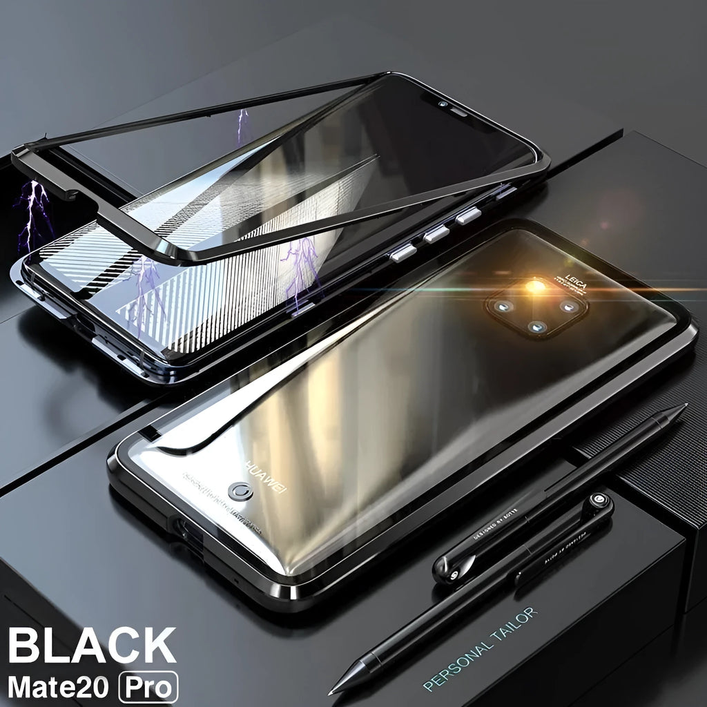 Magnetic metal phone case with tempered glass back for Huawei and Honor smartphones