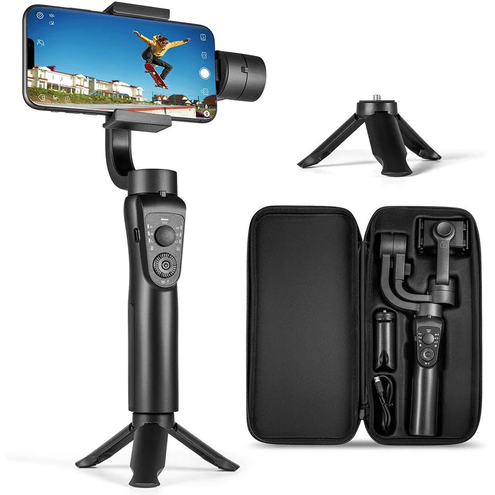 Black three-axis handheld gimbal stabilizer for mobile phones with tripod accessory