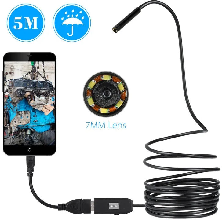OWSOO USB endoscope camera with 5 metre cable, 7mm lens, and six LED lights for phone and computer inspection