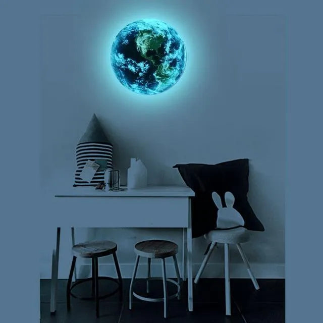Glow in the dark 3D planet Earth wall sticker showing luminous effect in a dark room
