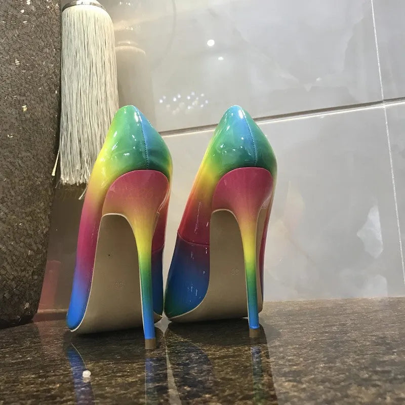 Rainbow patent leather women's ultra-high heel stilettos with pointed toe