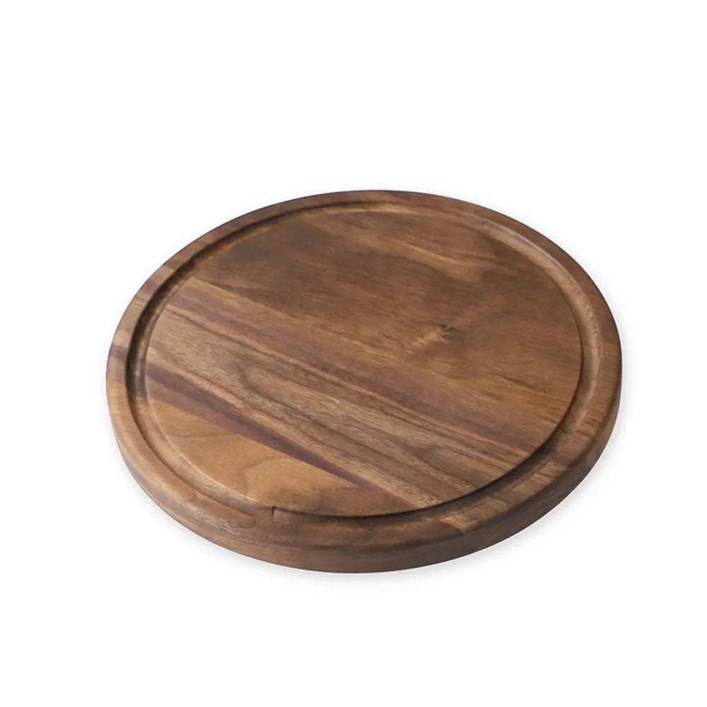 Black walnut wood cutting board with juice groove, dual-sided design, available in round and rectangular sizes for kitchen use