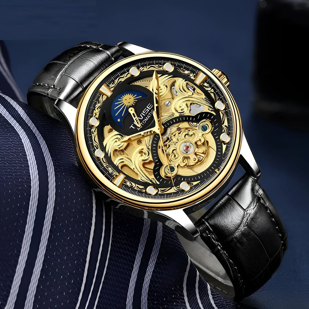 Men's gold leather automatic waterproof watch showing 16mm thickness