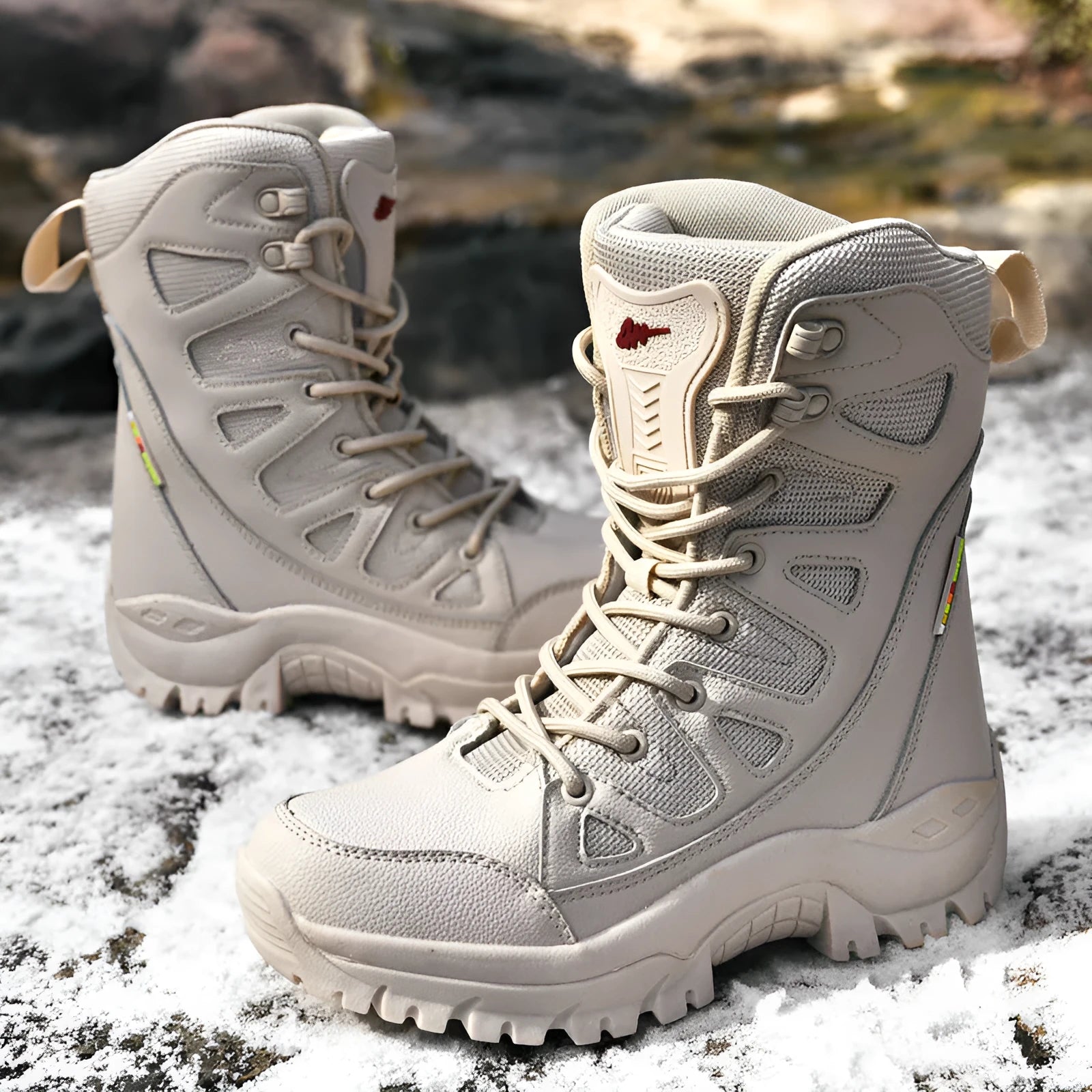 Hi-top hiking shoes with cowhide fabric construction available in black, brown, and beige colours