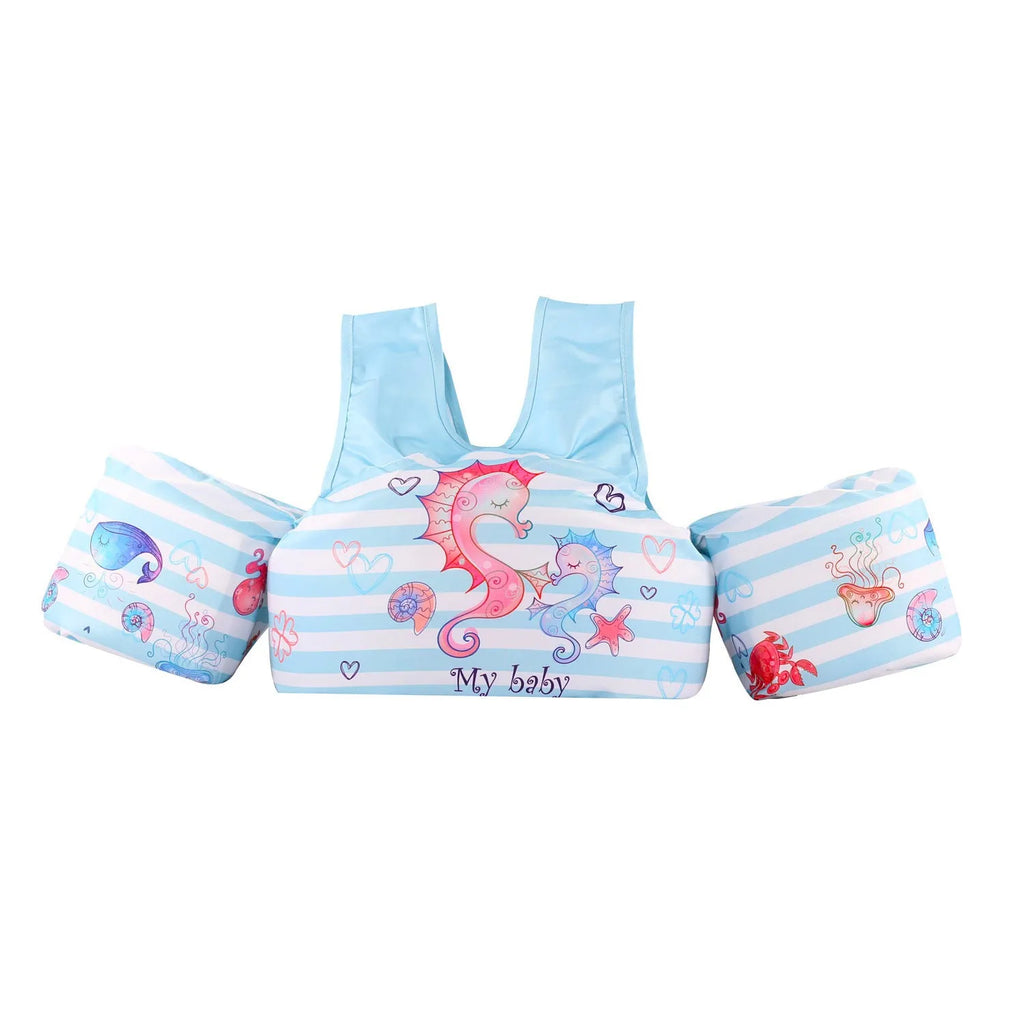 Cartoon children's swimsuit with lengthened arm swimming rings in various colourful patterns