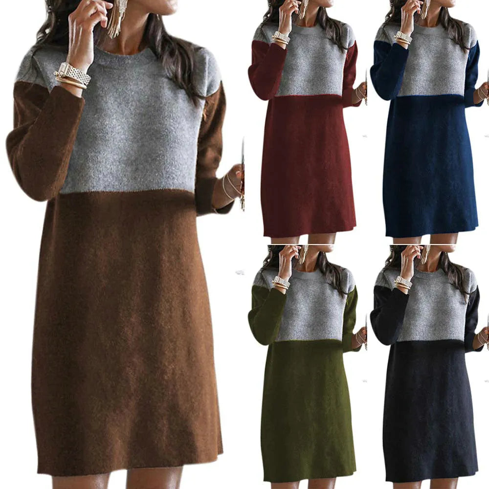 Brown women's polar fleece sweater dress with princess skirt and patchwork stitching details
