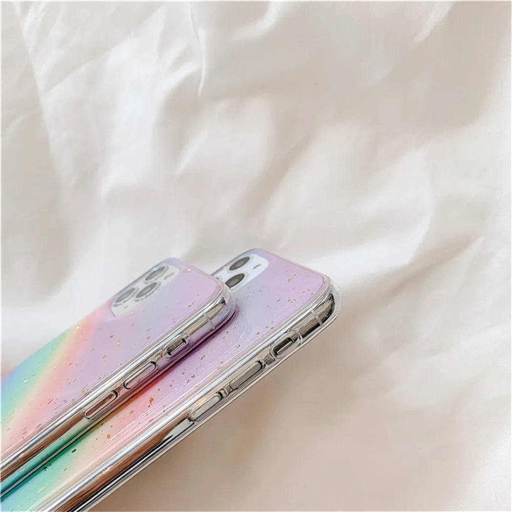 Rainbow gradient TPU phone case with striped design for iPhone models