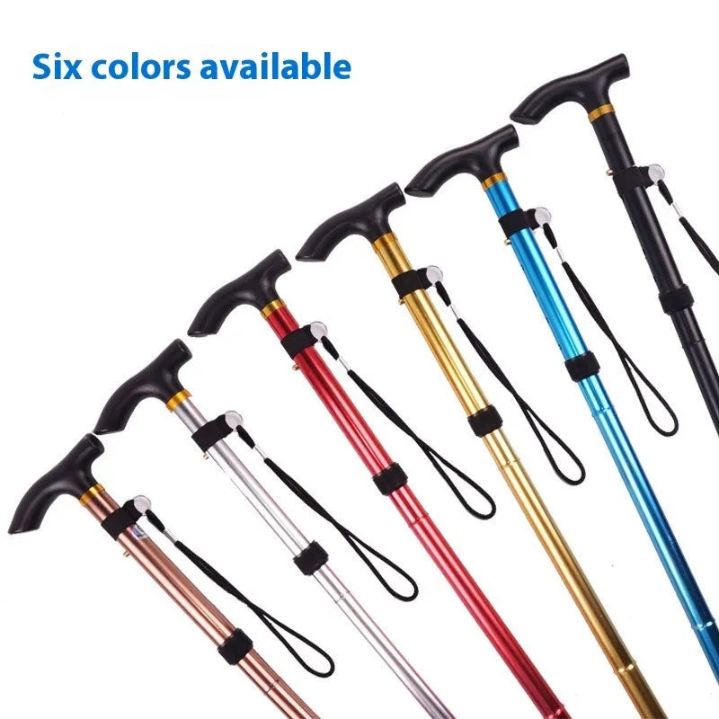 Aluminium folding walking stick with adjustable telescopic shaft and non-slip handle, shown in a selection of colours.