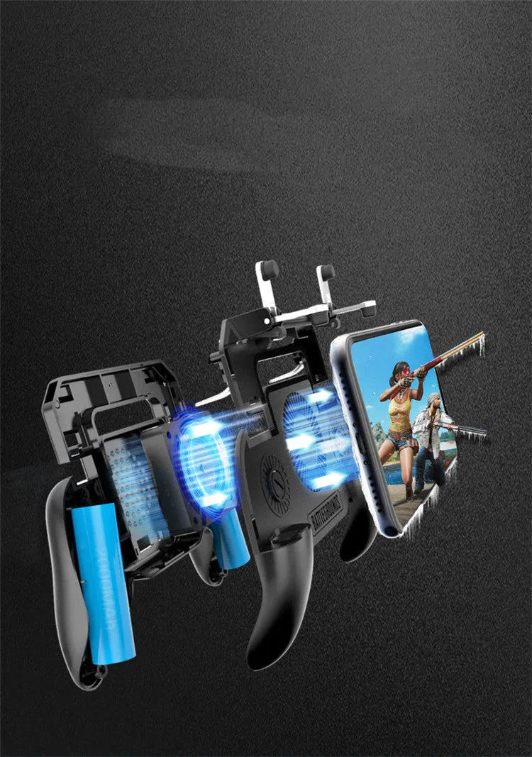 Black mobile game controller with ergonomic grips and action buttons for smartphone gaming