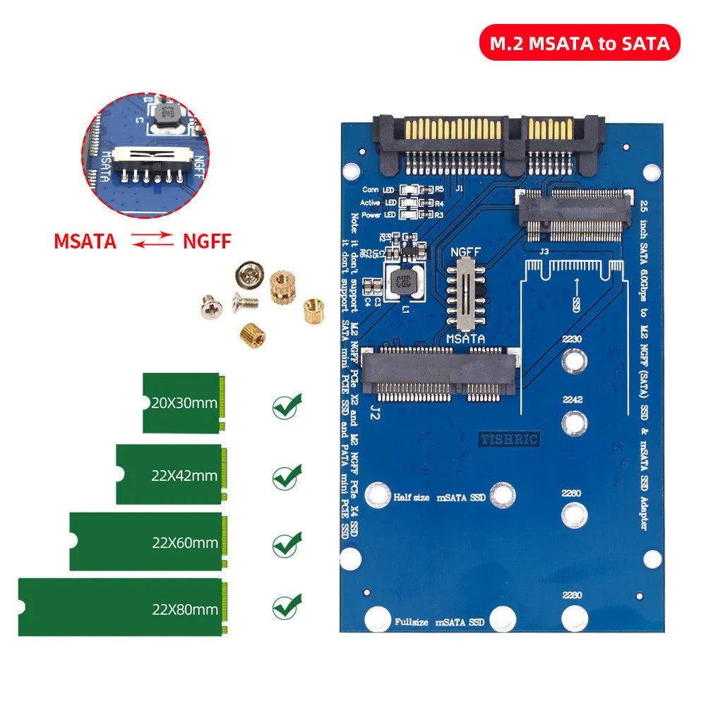 Black and blue SATA3 to M2 NGFF MSATA SSD conversion adapter card on a white background