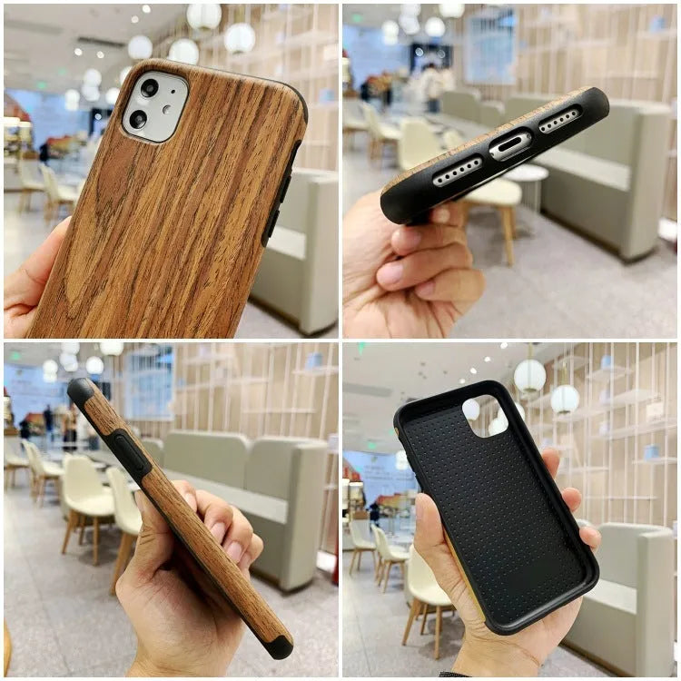 Wooden iPhone case showing rosewood, teak, and walnut finish options on compatible iPhone models