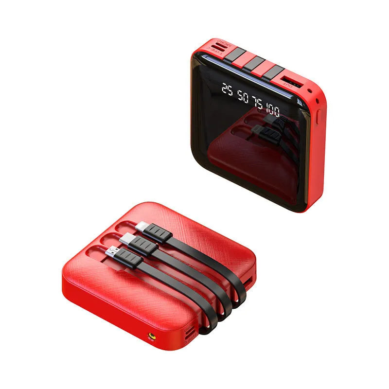 Black or red power bank with built-in charging cable, showing compact 80mm size.