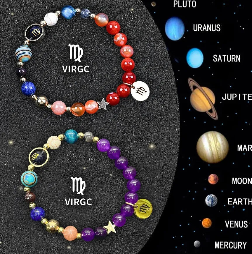 Two natural stone beaded bracelets showing different zodiac sign designs on a flat surface.