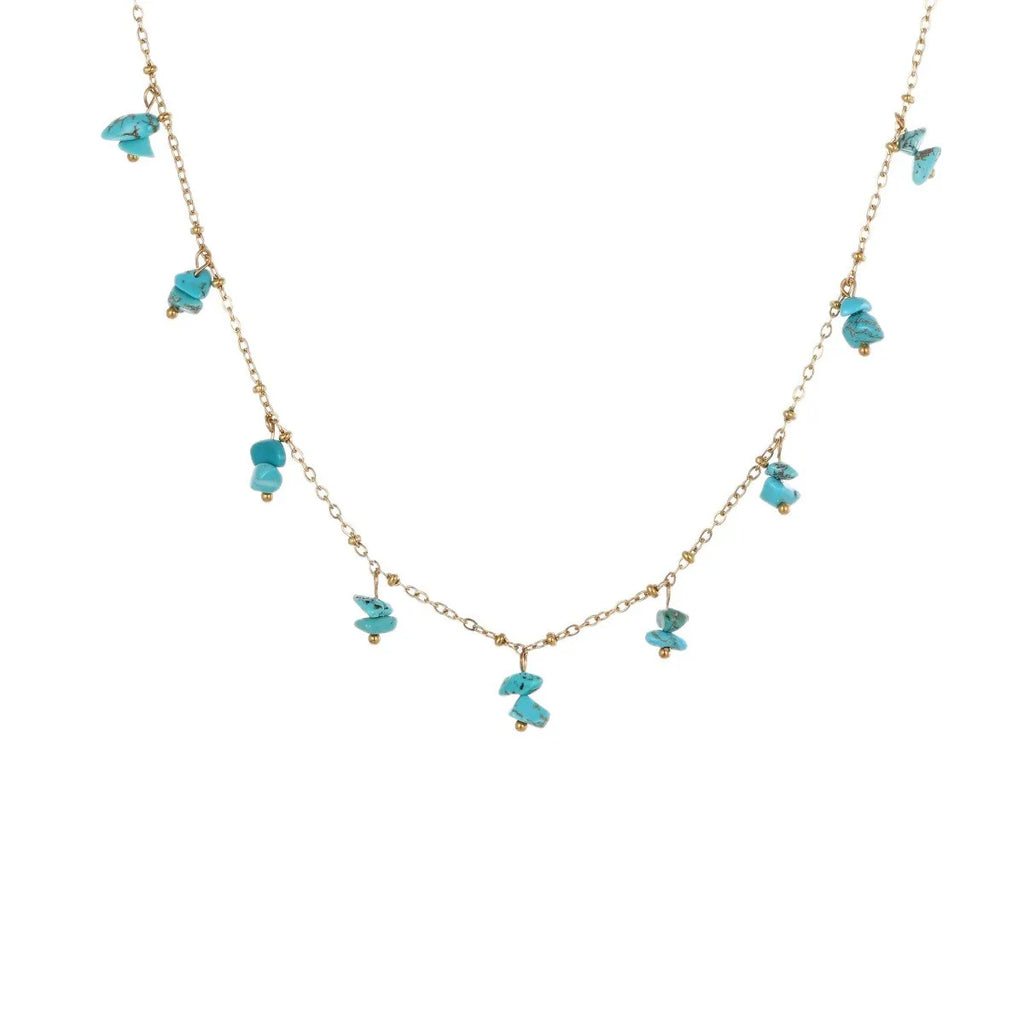 Natural stone necklace with stainless steel chain and 18K gold plating, available in amethyst