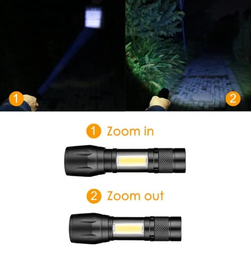 Small black aluminium alloy telescopic LED flashlight with adjustable focus and a pocket clip.