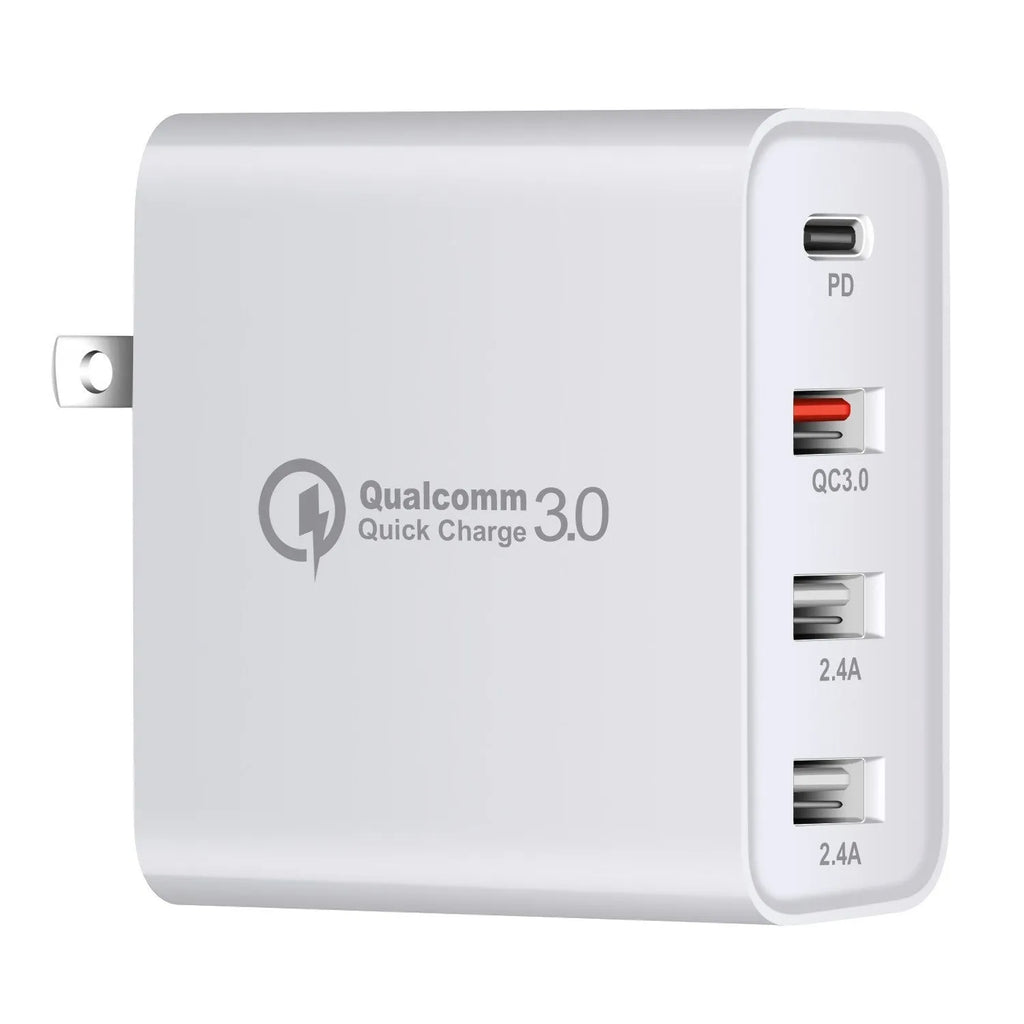 Black 48W USB-C wall charger with four ports and a UK plug on a white background.