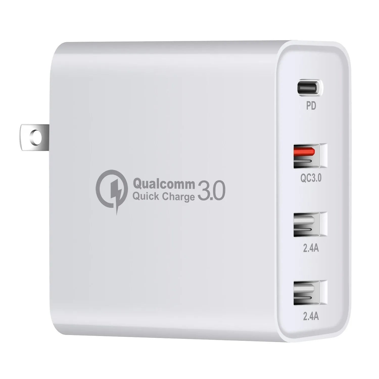 Black 48W USB-C wall charger with four ports and a UK plug on a white background.