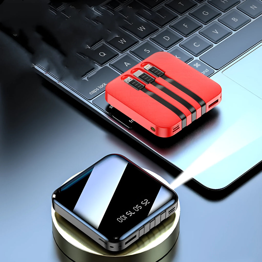 Black or red power bank with built-in charging cable, showing compact 80mm size.