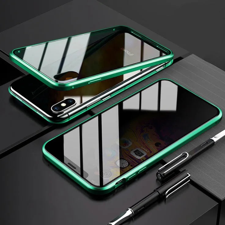 Black anti-peeping magnetic clamshell phone case for Samsung Galaxy smartphones shown closed.